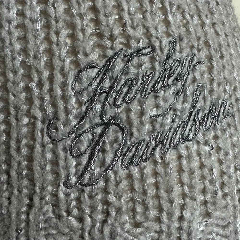 Harley Davidson Sequined Gray Open Knit Scoop Neck Embroidered Silver Sweater XS